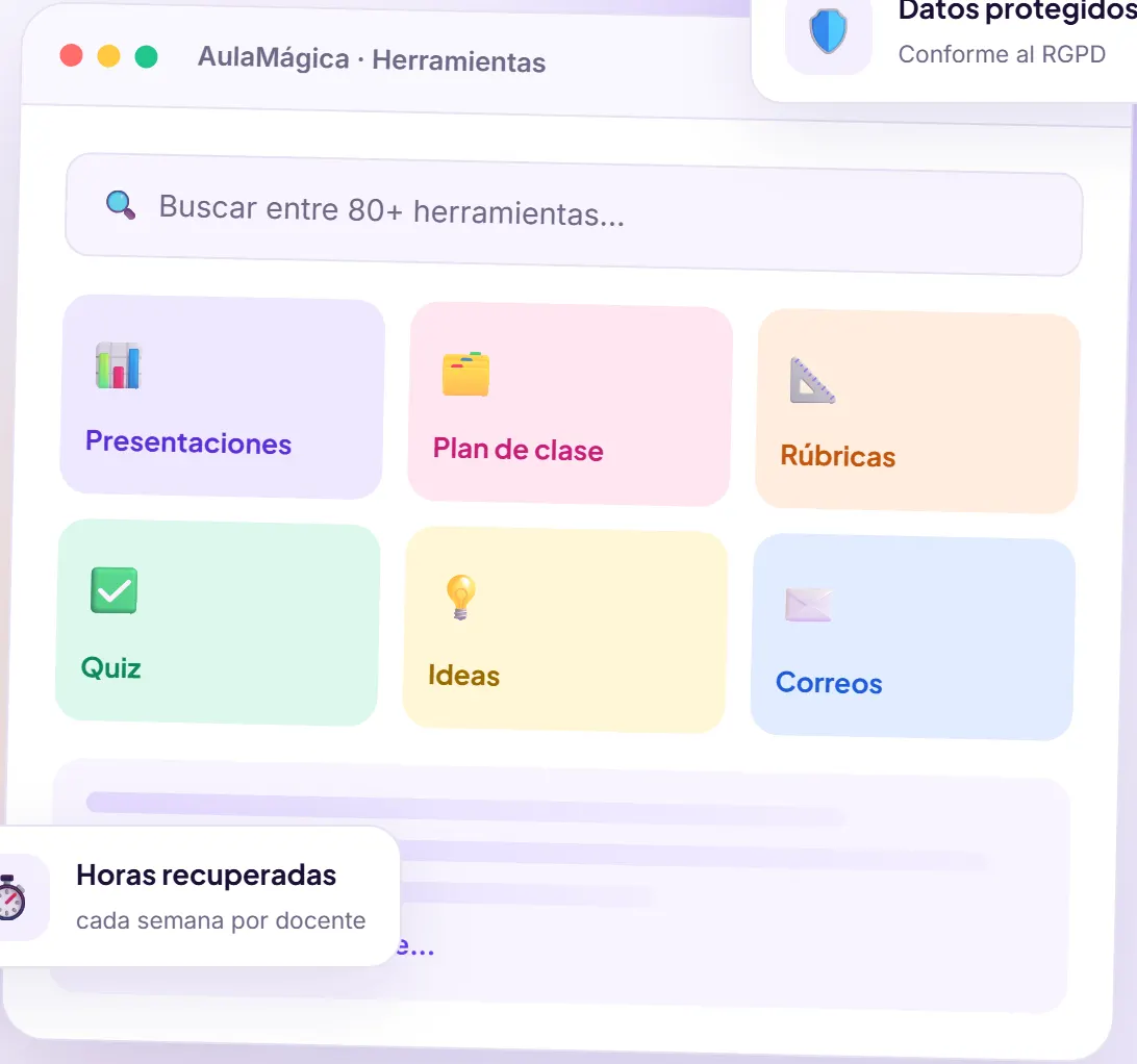 Buscador de herramientas de AulaMágica IA con accesos a presentaciones, plan de clase, rúbricas y quices