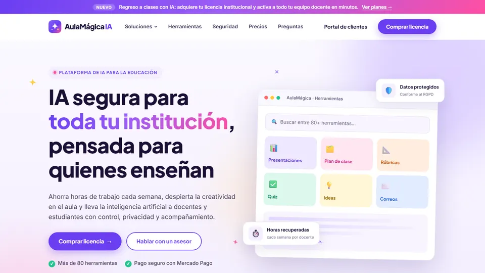 Página de inicio de AulaMágica IA con su buscador de herramientas de inteligencia artificial para docentes