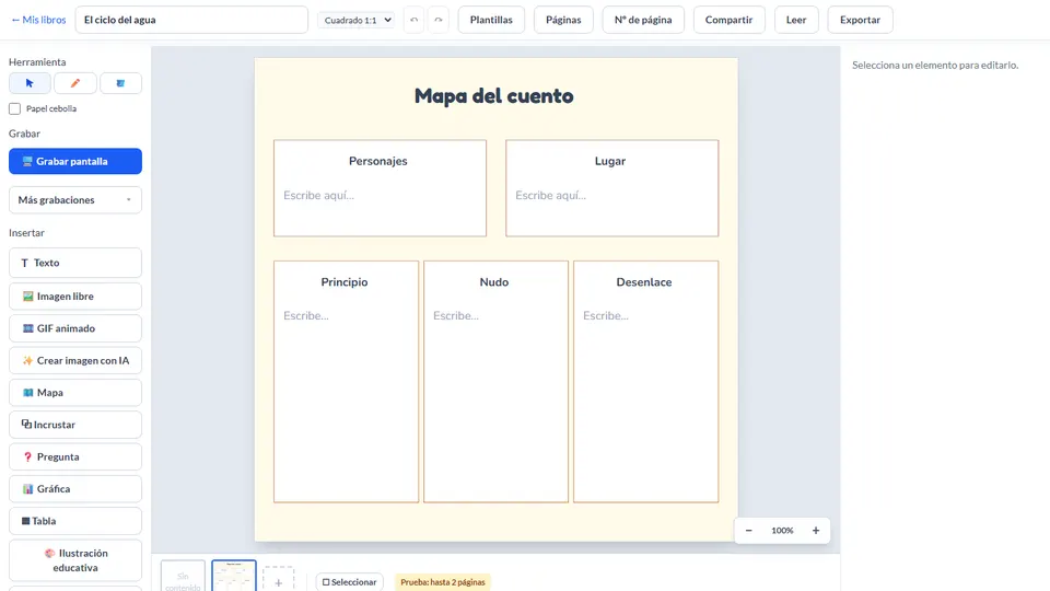 Editor de BookStudio con una página de plantilla de mapa del cuento
