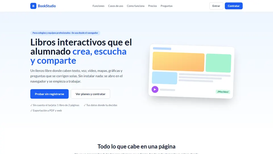 Página de inicio de BookStudio, plataforma de libros interactivos que el alumnado crea, escucha y comparte