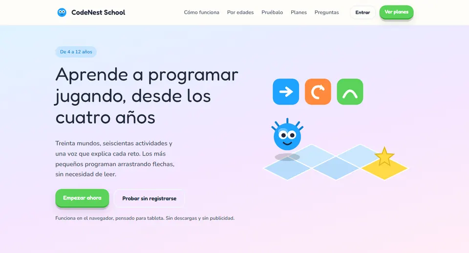 Página de inicio de CodeNest School, plataforma para aprender a programar jugando desde los cuatro años
