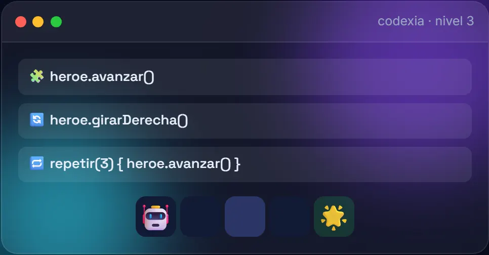 Ventana de Codexia con instrucciones de programación por bloques para mover al personaje