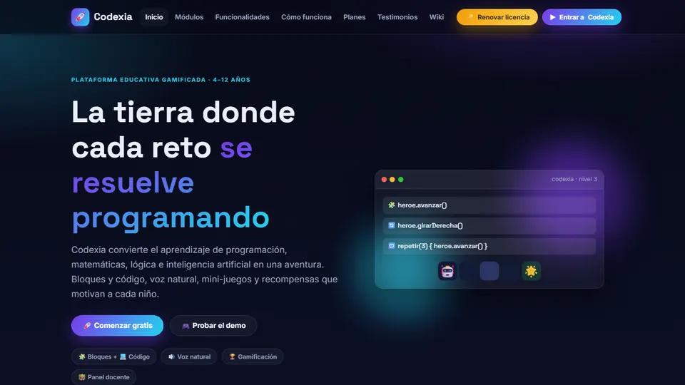 Página de inicio de Codexia, plataforma gamificada de programación para niños de 4 a 12 años
