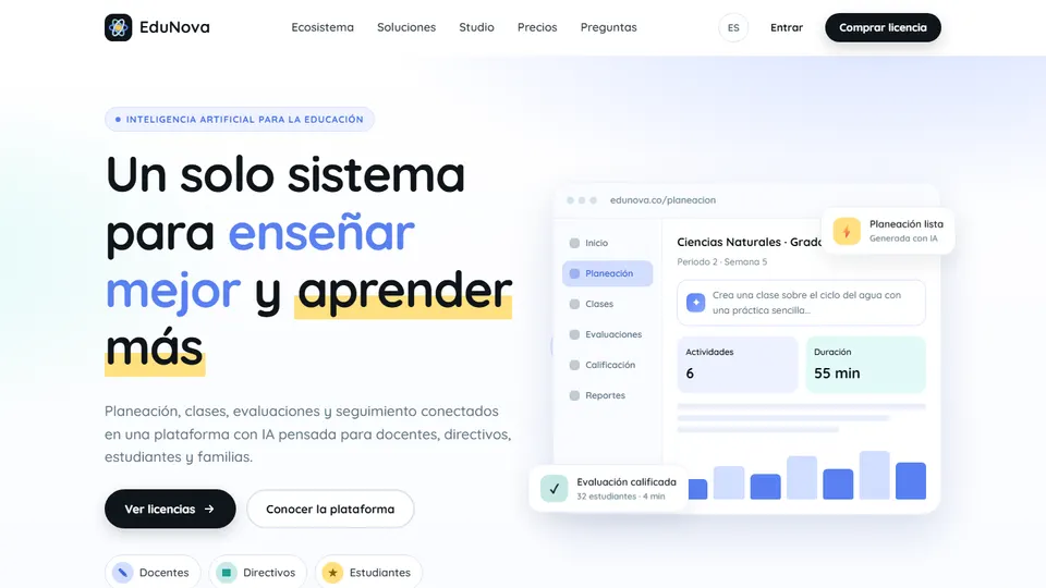 Página de inicio de EduNova con el módulo de planeación de clases con inteligencia artificial