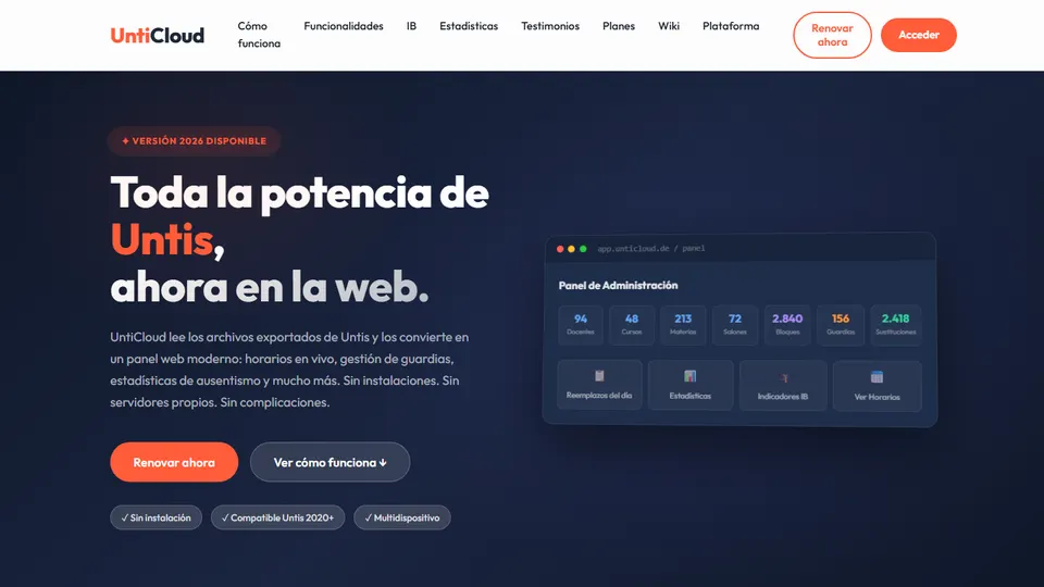 Página de inicio de UntiCloud con el panel de administración de horarios, guardias y estadísticas