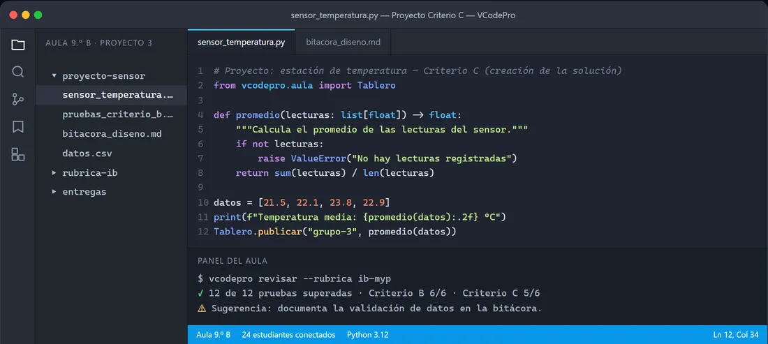 Editor VCodePro con un proyecto en Python y el panel del aula evaluado con criterios IB