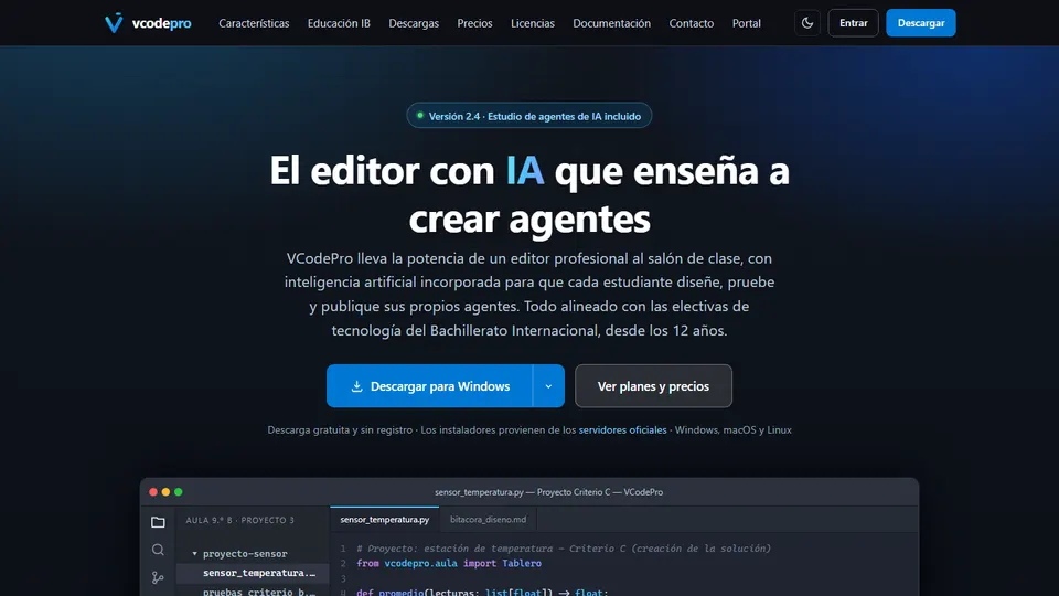 Página de inicio de VCodePro con el editor de código con inteligencia artificial para el aula